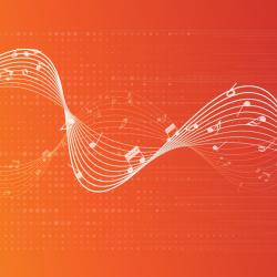 Illustration depicting a white musical staff curving across a red-orange gradient.