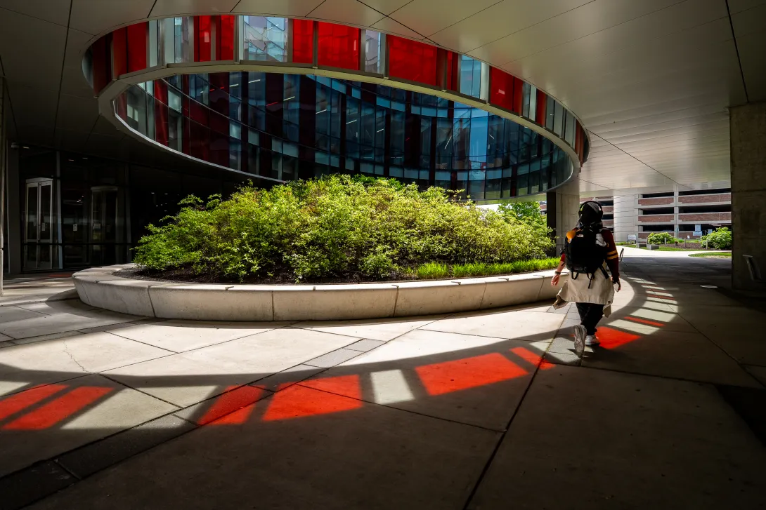 A person walking by a garden under a building