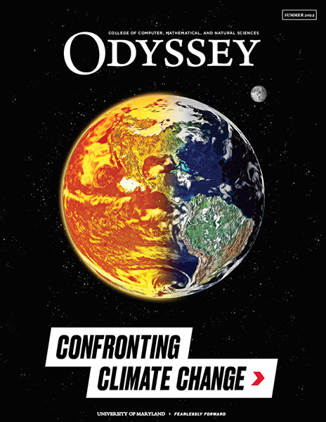 Cover of Odyssey Magazine, Summer 2022, showing an illustration of earth in space, glowing with heat on one side. The moon is in the background.